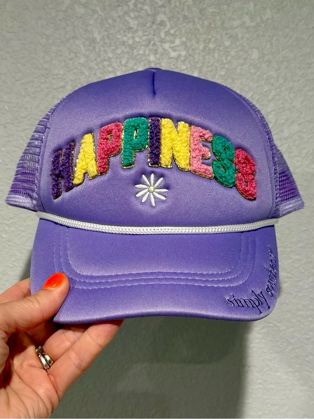 Simply Southern Lavender 'Happiness' Colorful Chenille Trucker Hat